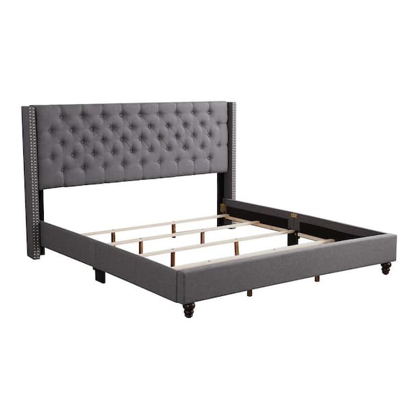 AndMakers Julie Gray Tufted Upholstered Low Profile King Panel Bed
