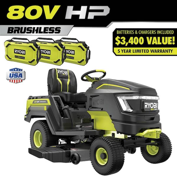 RYOBI 80V HP Brushless 46 in. Battery Electric Cordless Riding Lawn Tractor with (3) 80V 10Ah Batteries and Charger