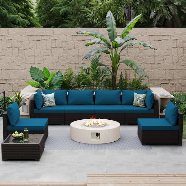PATIOGUARDER 8-Piece Wicker Patio Conversation Set with Cushions and 42 in. Outdoor Round Fire Pit Table, Lake Blue Cushions