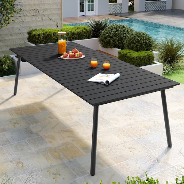 Pellebant 94.5 in. Rectangular Aluminum Outdoor Patio Dining Table with Wood-Like Tabletop in Black