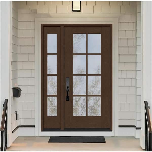 Regency 51 in. x 80 in. Full Lite 8 Lite Clear Glass RH Hickory Stain Mahogany Fiberglass Prehung Front Door w/12in.SL