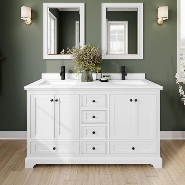 Wyndham Collection Deborah 60 in. W x 22 in. D x 35 in. H Double Bath Vanity in White with White Cultured Marble Top and 24 in. Mirrors