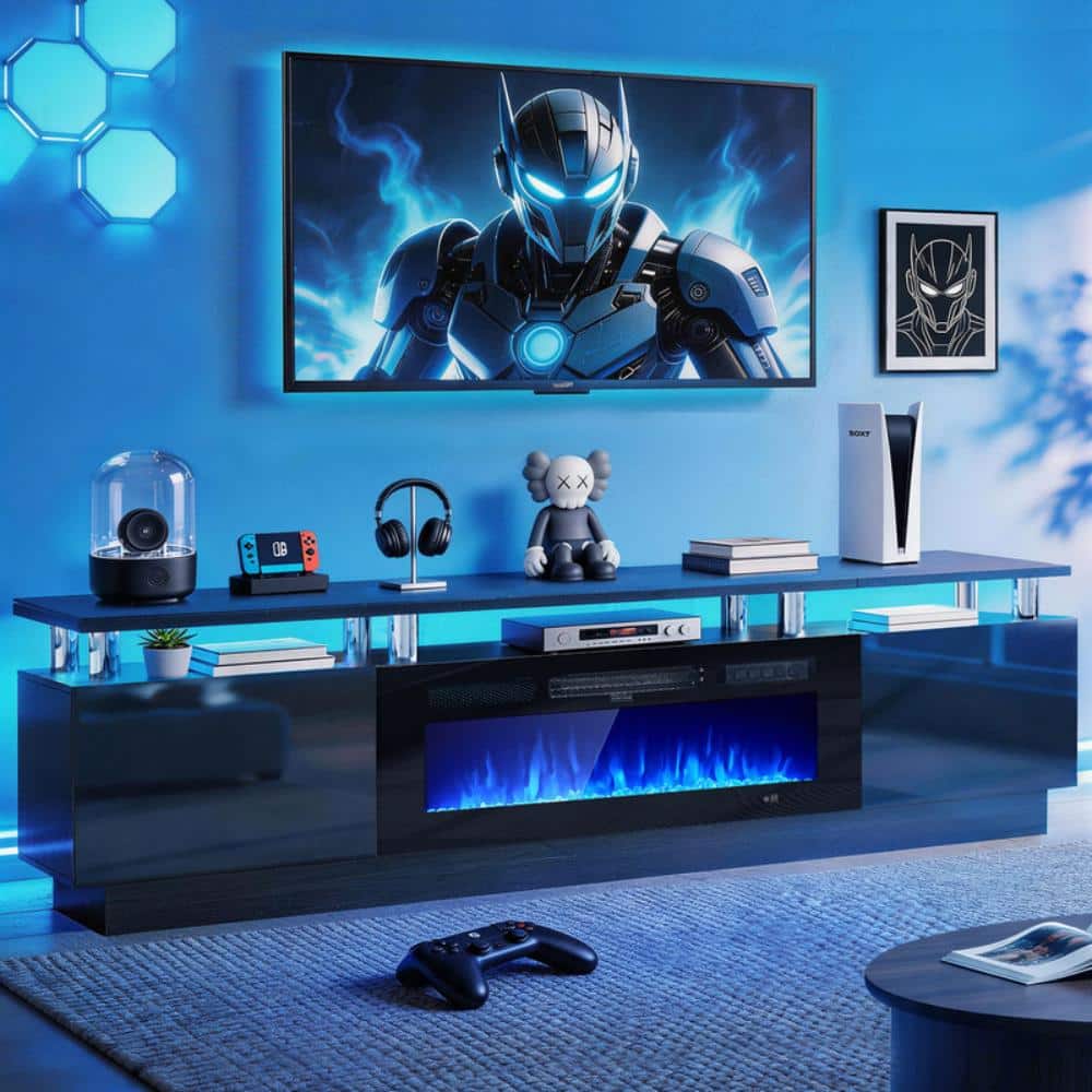 90" Fireplace TV Stand, Fire Place TV Stand for TVs up to 100", 50" Electric Fireplace, All Black