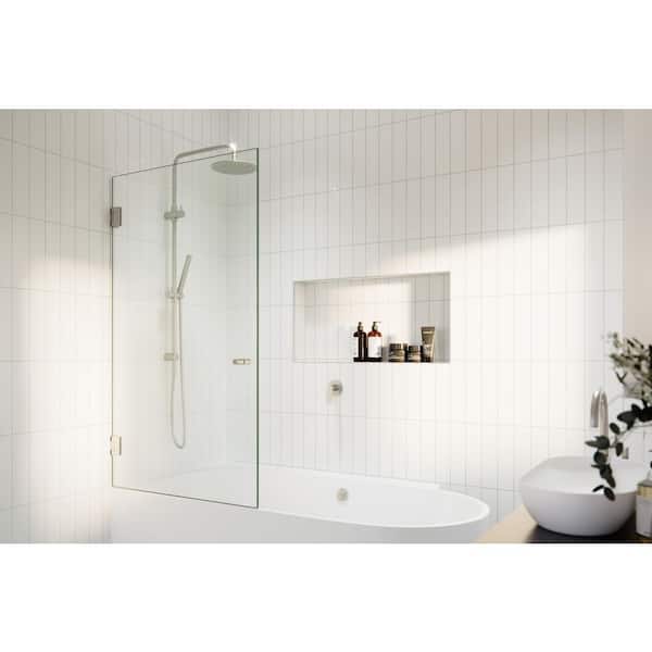 Albedo 31.25 in. W x 58.25 in. H Frameless Wall Hinged Tub Door in Brushed Nickel with Clear Glass