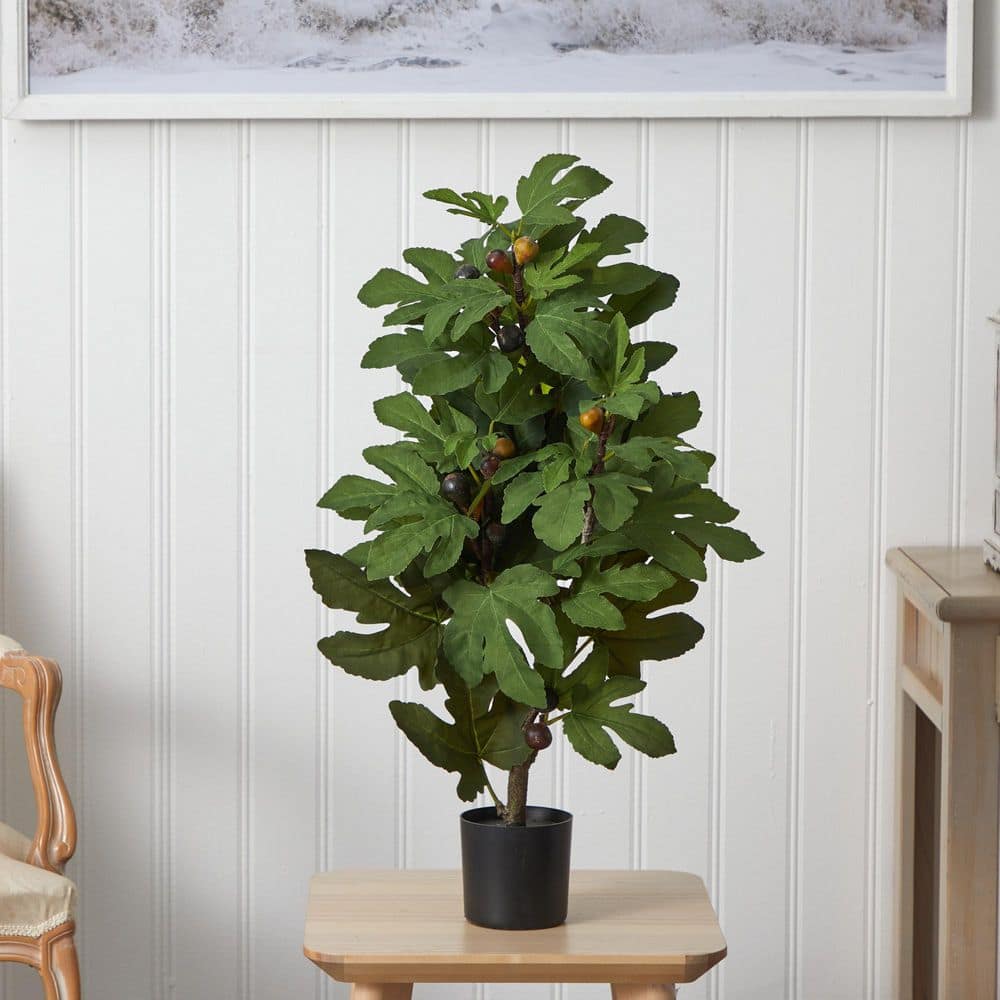 32'' Green Silk Faux Fig Tree in Black Pot