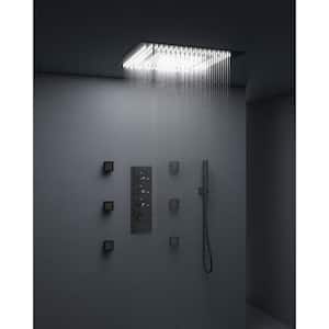 Thermostatic Valve 7-Spray 20 in. LED Ceiling Mount Dual Shower Head and Handheld Shower in Matte Black