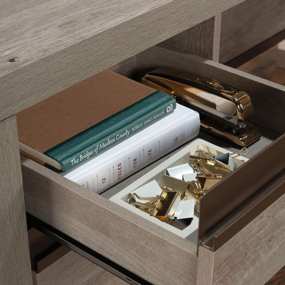 Mystic Oak Gray L-Shaped Computer Desk with Drawer and Filing Cabinet