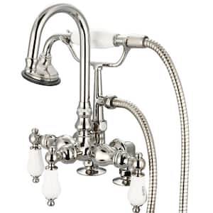 3-Handle Claw Foot Tub Faucet with Labeled Porcelain Lever Handles and Handshower in Polished Nickel PVD