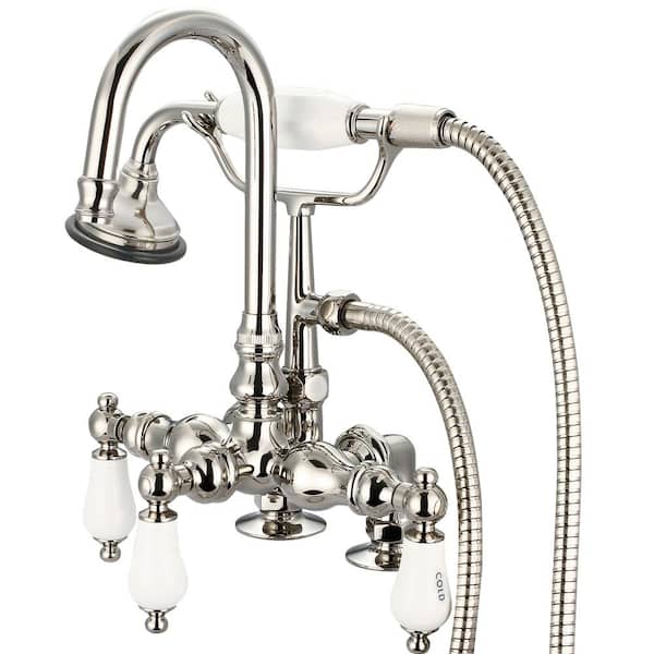 Water Creation 3-Handle Claw Foot Tub Faucet with Labeled Porcelain Lever Handles and Handshower in Polished Nickel PVD