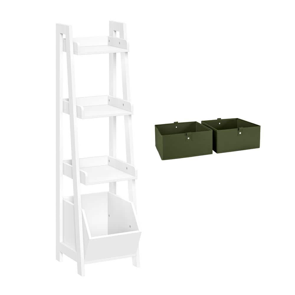 White and Olive Kids 4-Tier Ladder Shelf with Toy Organizer