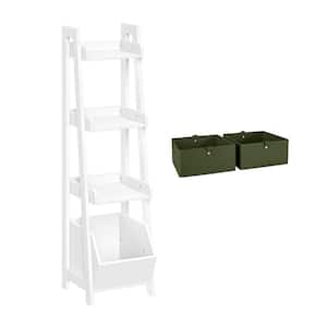 13 in. Wide White Ladder Shelf Toy Organizer and Book Storage with 3-Open Shelves with Two 5 in. H Olive Fabric Bins