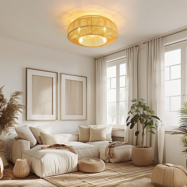 20 in. Indoor Gold 6-Speed Boho Rattan Caged Ceiling Fan with Light and Remote Control, Flush Mount Ceiling Fan