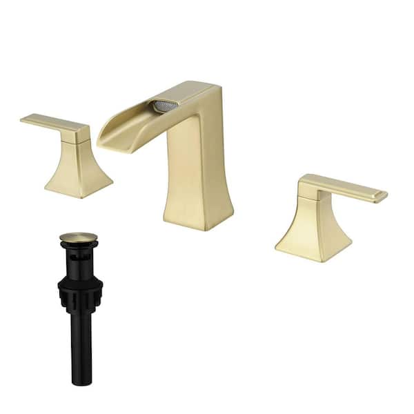 AIMADI 8 in. Widespread Double Handle Bathroom Faucet with Pop-Up Drain 3 Hole Waterfall Bathroom Sink Faucets in Brushed Gold