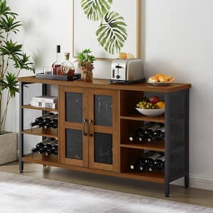12-Bottle Brown Wine Rack Industrial Wine Bar Cabinet Liquor Storage with Wine Racks Stemware Holder