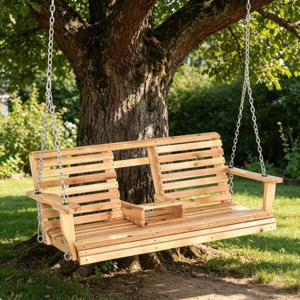 440lbs Weight Capacity 3-Seater Wooden Porch Swing with Folding