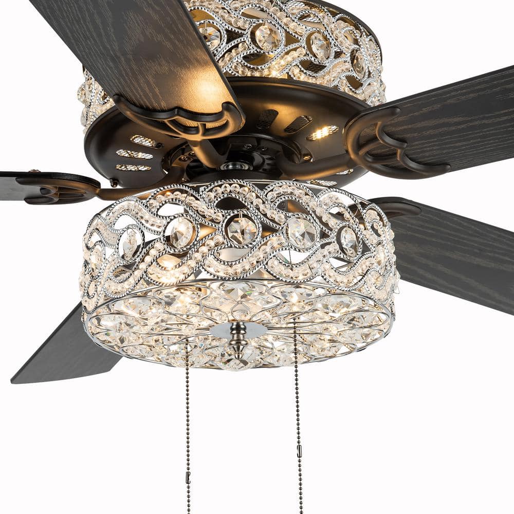 52" Silver and Black Crystal Chandelier Ceiling Fan with Reversible Blades