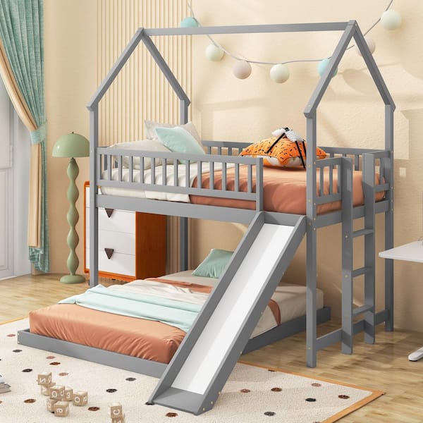 Gray Twin over Full House Bunk Bed with Slide