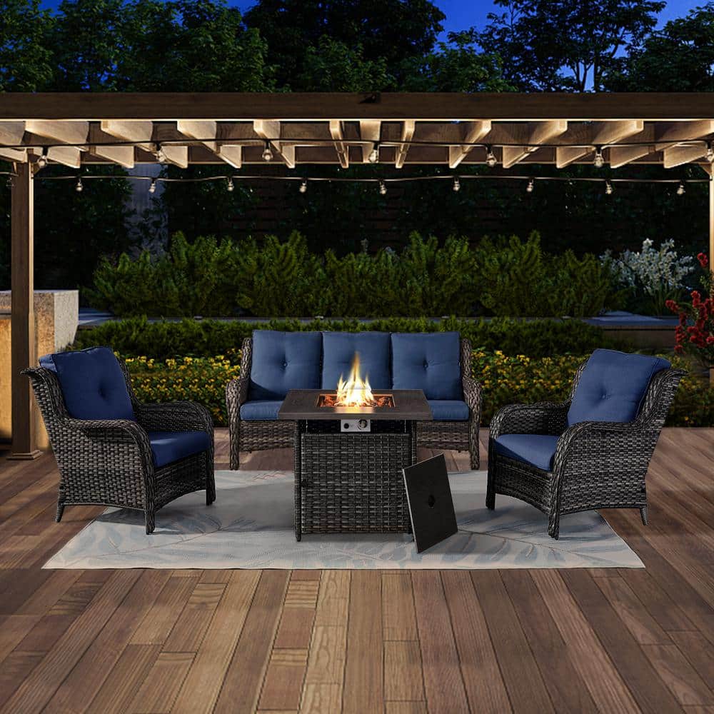 ArcoBay 4-Piece Gray Wicker Patio Square Fire Pit Conversation Set with Navy Blue Cushions and Sofa Set price history on PriceWatchPro