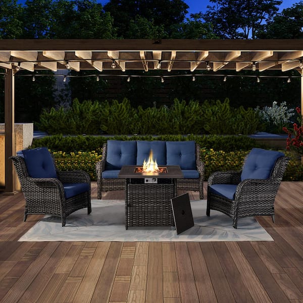 Opohoro ArcoBay 4-Piece Gray Wicker Patio Square Fire Pit Conversation Set with Navy Blue Cushions and Sofa Set