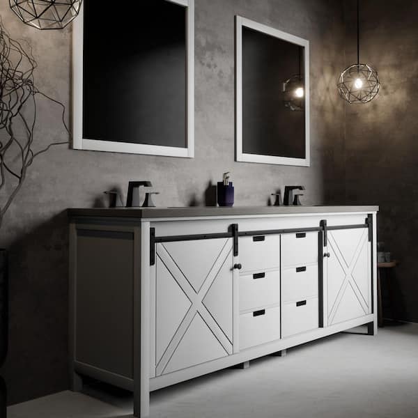 Marsyas 84 in W x 22 in D White Double Bath Vanity, Grey Quartz Countertop and Faucet Set