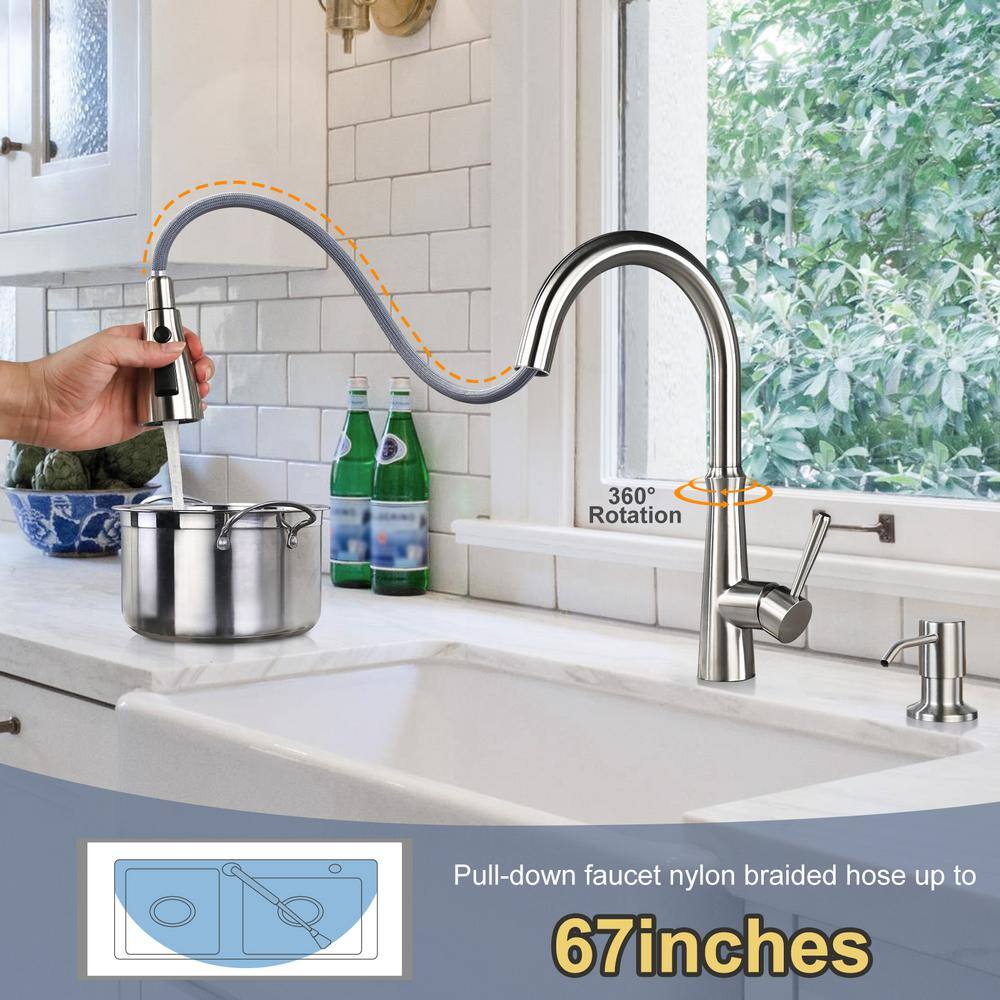 Brushed Nickel Stainless Steel Pull Down Kitchen Faucet with Soap Dispenser