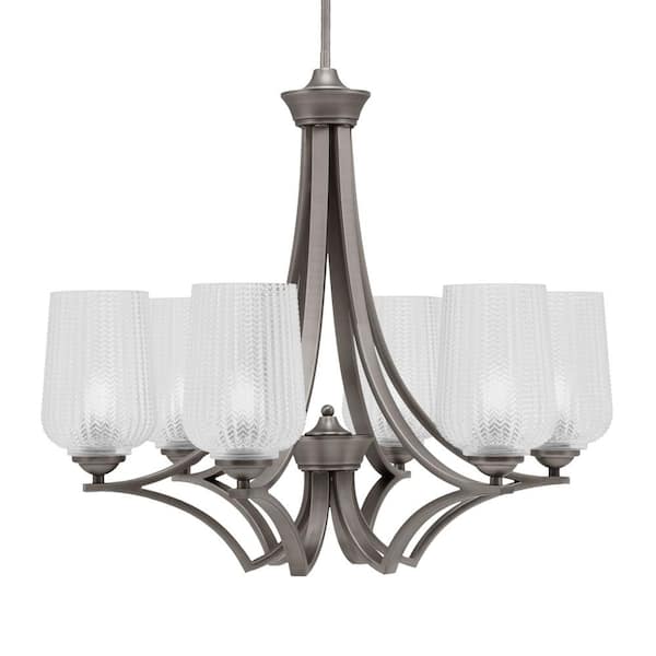 Unbranded Clevelend 6-Light Graphite Round Chandelier with 5 in. Clear Textured Glass Shades, No bulbs included