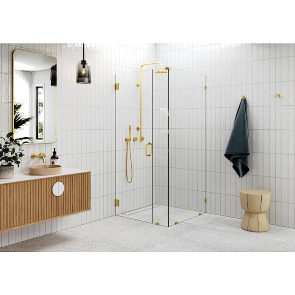 34 in. W x 34 in. D x 78 in. H Pivot Frameless Corner Shower Enclosure in Satin Brass Finish with Clear Glass