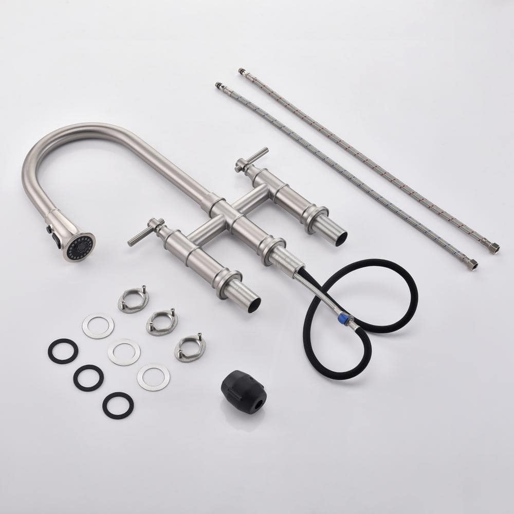 Brushed Nickel Double Handle Bridge Kitchen Faucet with Pull-out Spray
