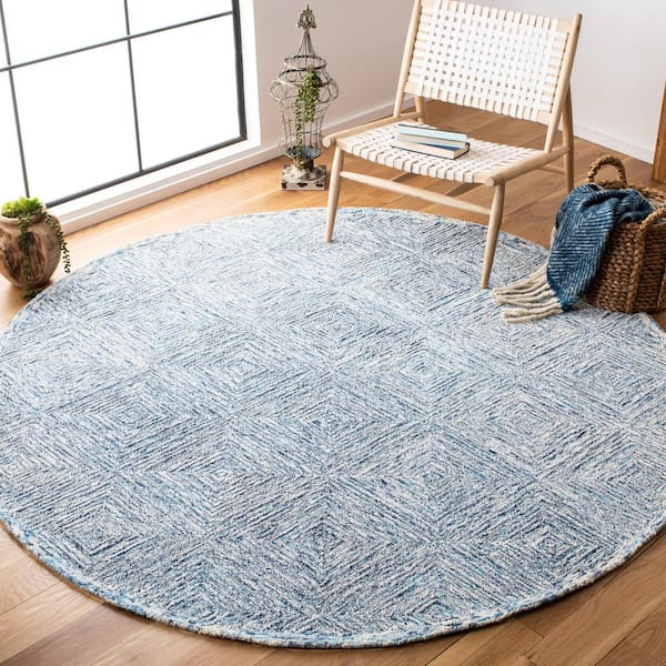 Capri Ivory/Blue 7 ft. x 7 ft. Geometric Diamond Round Area Rug