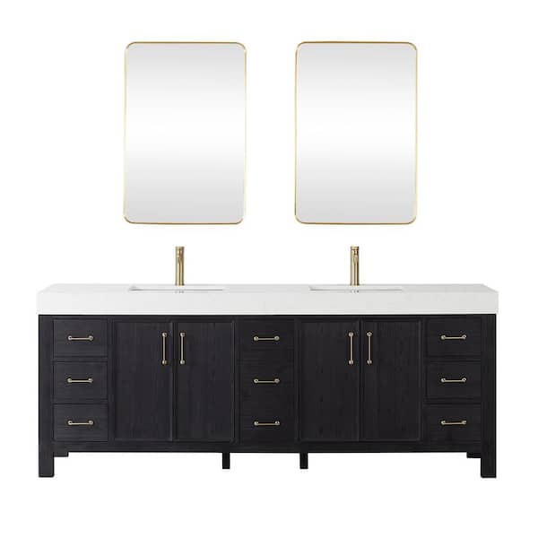 Leon 84 in. W x 22 in. D x 34 in. H Double Bath Vanity in Fir Wood Black with White Composite Stone Top and Mirror