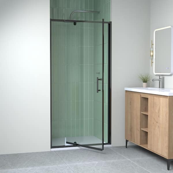 KeepTech 32-36 in. W x 72 in. H Swing Pivot Frame Shower Door in Matte Black Finish with Clear Tempered Glass