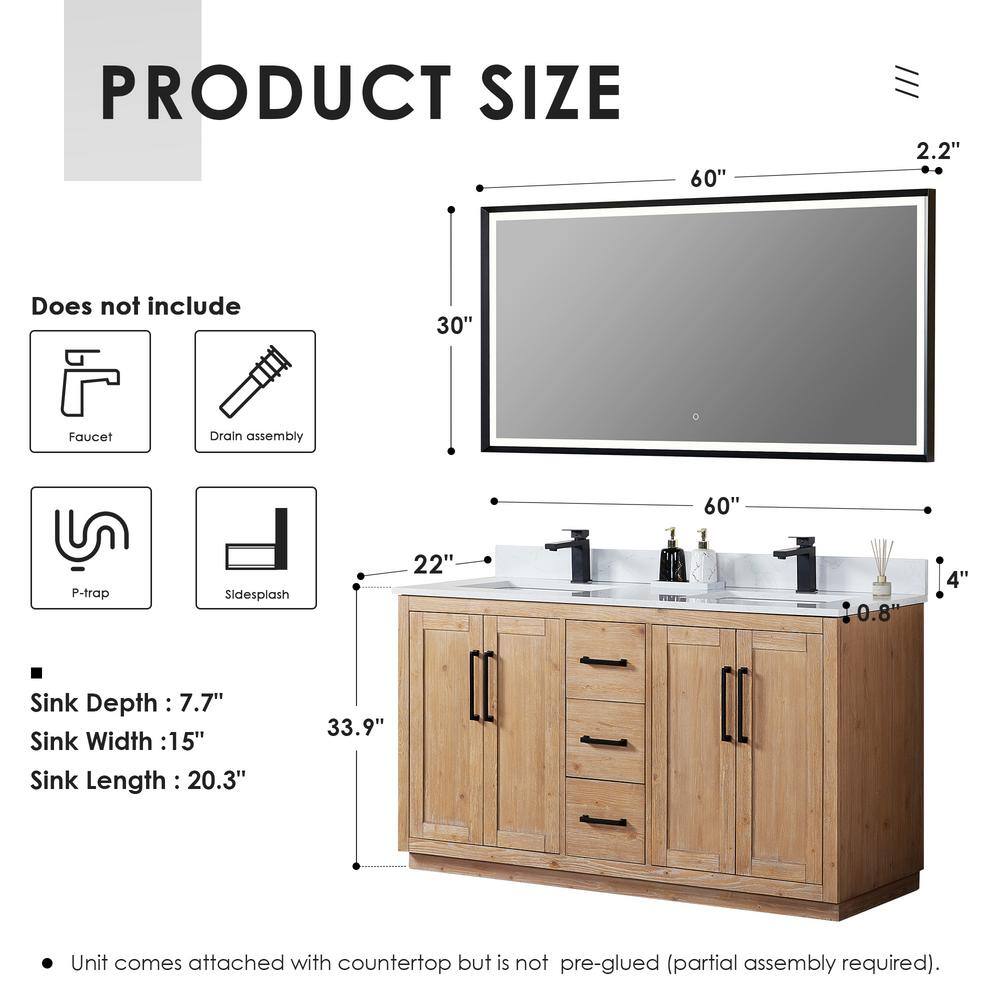 Cicero 60" Light Brown Fir Wood Vanity with White Stone Top and Mirror