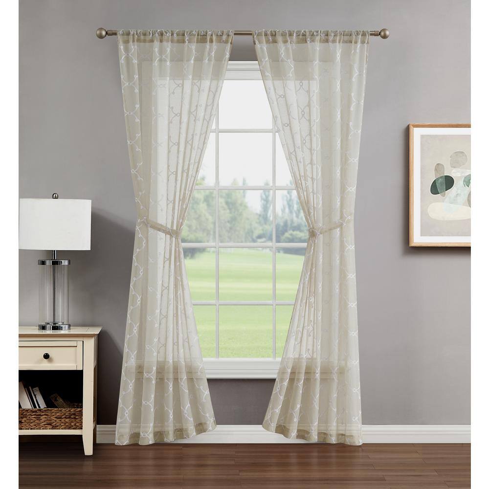 Selena Beige Embroidered Sheer Linen Window Panels, 38" x 84"