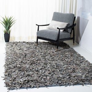 Leather Shag Gray/Beige 3 ft. x 5 ft. Solid Area Rug