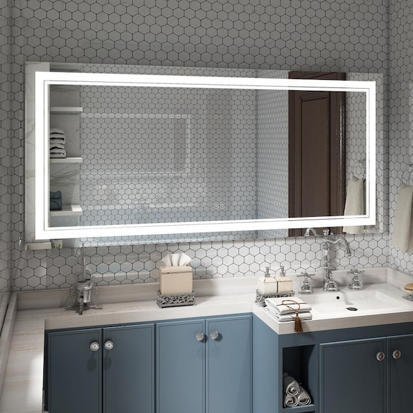 ANGELES HOME 60 in. W x 28 in. H Rectangular Frameless Anti-Fog Wall Mount LED Lighted Bathroom Vanity Mirror in Silver