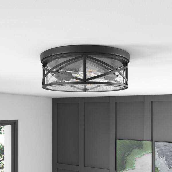 aiwen Industrial 13.77 in. 2-Light Black Farmhouse Flush Mount