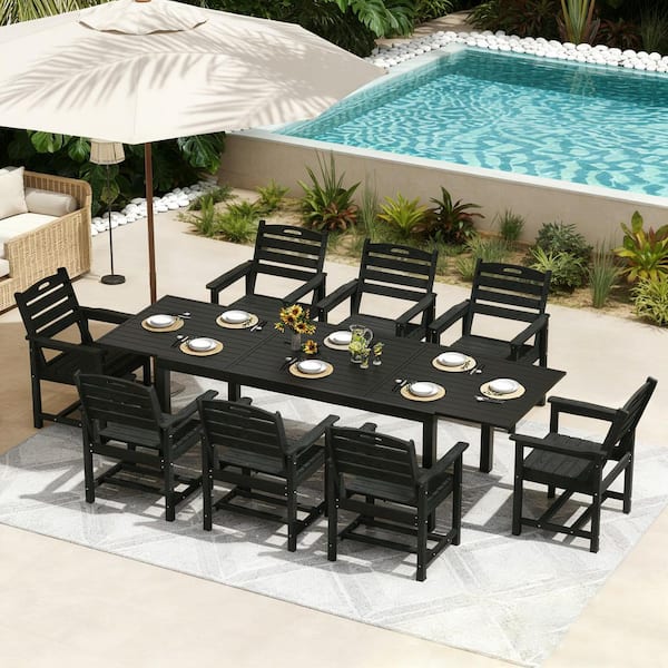 9-Piece Aluminum Rectangular Outdoor Dining Set, Extendable Patio Table with Umbrella Hole and 8 HDPE Patio Chairs