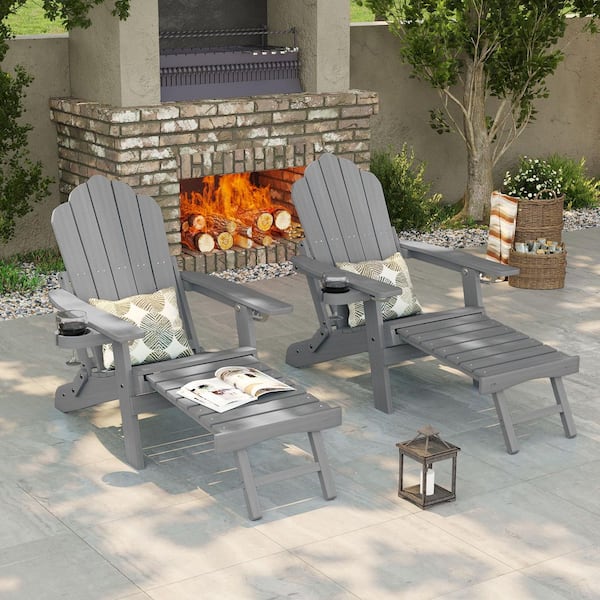Gray Folding Adirondack Chair with Retractable Ottoman Fire Pit Patio Chair with Cup Holder (2-Pack)