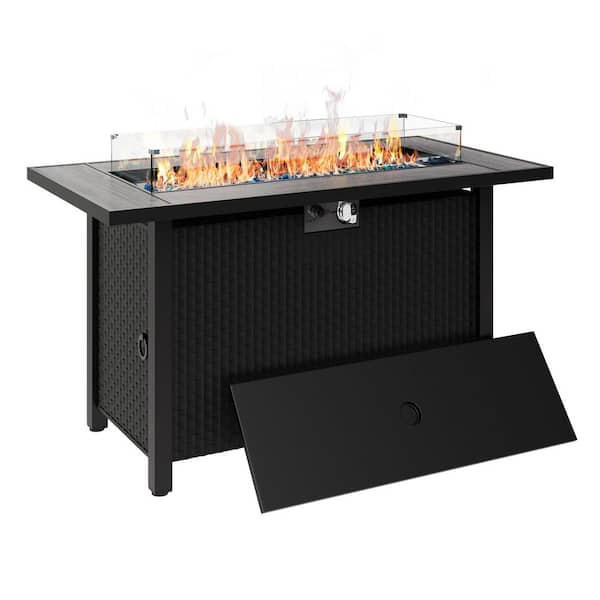 35 in. Propane Fire Pit Table with Glass Wind Screen and Gray Wood Tabletop