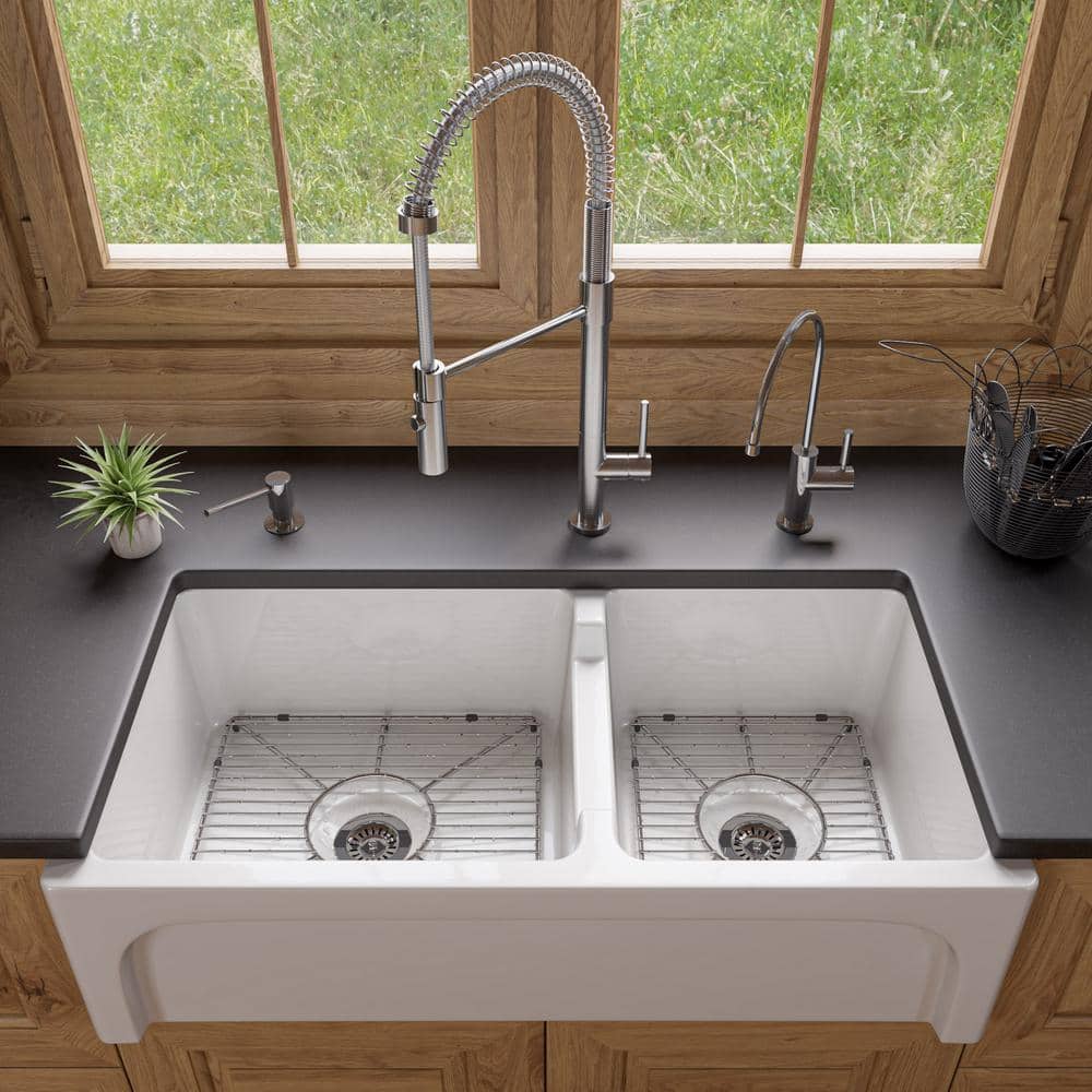 36'' White Fireclay Double Bowl Farmhouse Sink