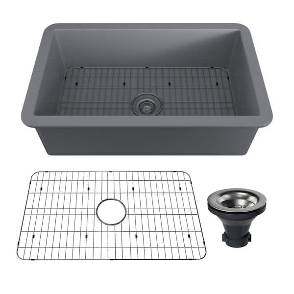 Boyel Living 32 in. Undermount Single Bowl Matte Gray Fine Fireclay Kitchen Sink with Bottom Grid and Strainer Basket