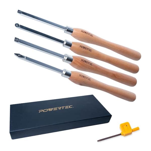 4-Piece Carbide Lathe Tool Set, Wood Turning Tools with Round, Diamond, Radius and Flat Square Cutters, T15 Wrench