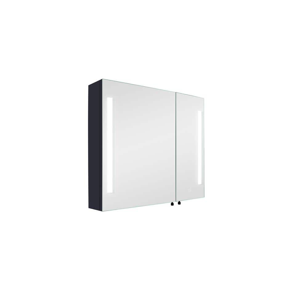 30 in. W x 26 in. H Rectangular Black Iron LED Medicine Cabinet with Mirror