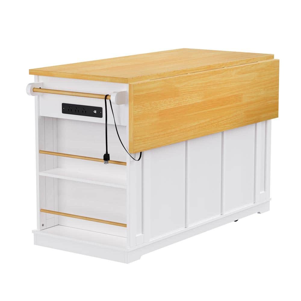 Farmhouse White Drop Leaf Wood Kitchen Island with Power Outlet and Adjustable Shelves
