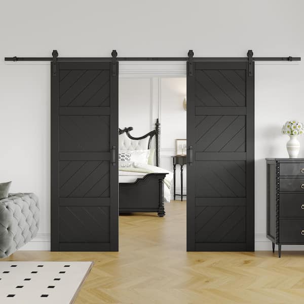 60 in. x 84 in.（Two 30 in. Slabs）Black 4 Lite Wave Shape Prefinished Sliding Barn Door with Hardware Kit