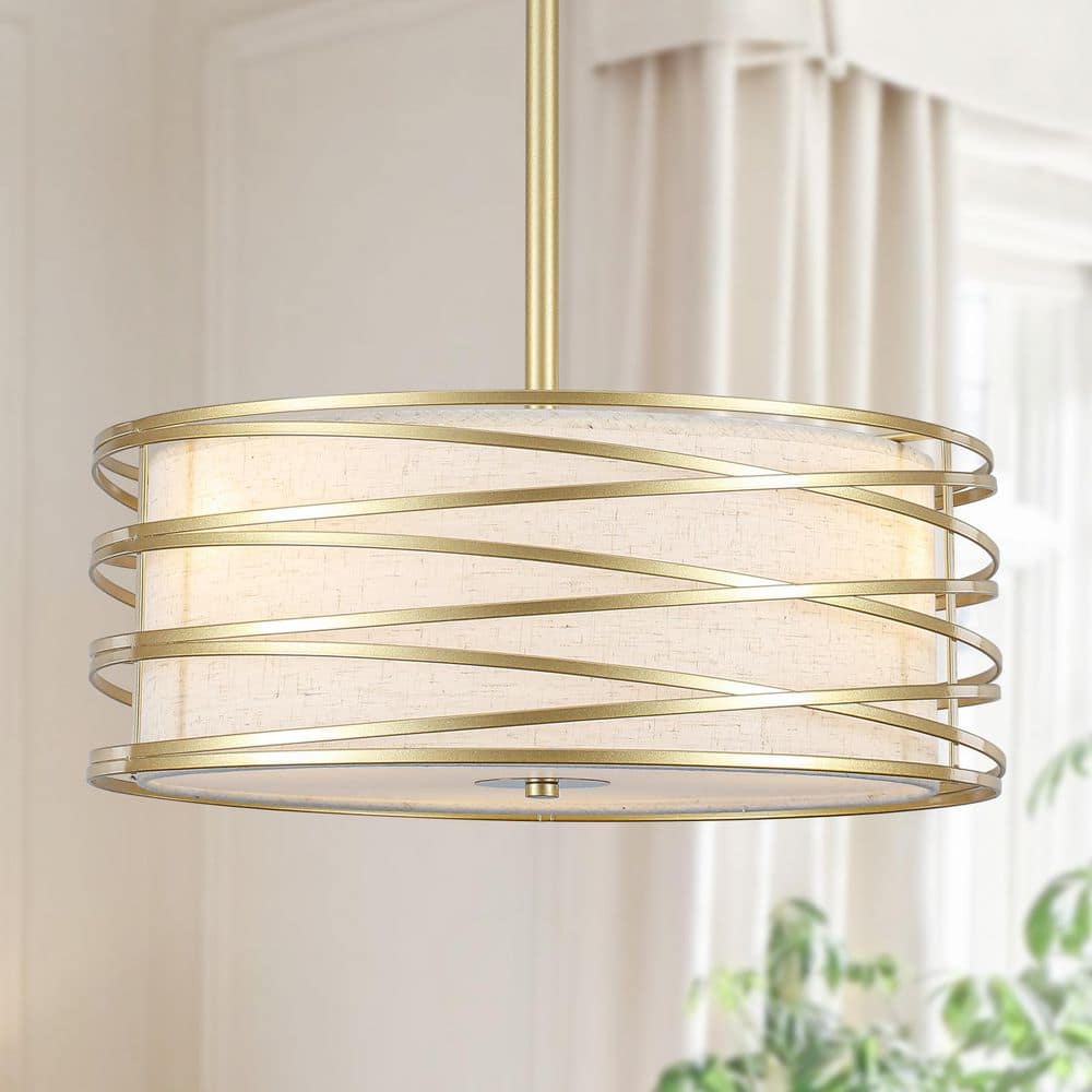 "3-Light 15.7"" Gold Modern Coastal Metal Drum Chandelier with Oatmeal-hued Fabric Shade for Kitchen Living Room Entryway" price history on PriceWatchPro