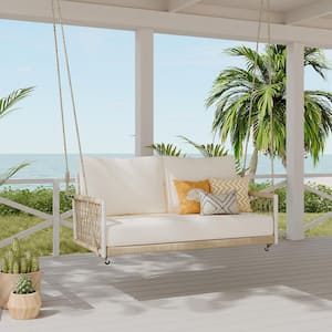 2-Person White Metal Patio Swing with Beige Cushions, Natural Rope