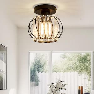 7.09 in. 1-Light Modern Black Semi Flush Mount Ceiling Light Fixture with Clear Crystal Cage Shade