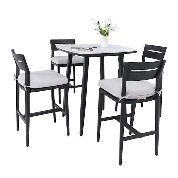 5-Piece Metal Square Outdoor Bistro Patio Bar Set with Sintered Stone Table and Bistro Chairs with White Cushion