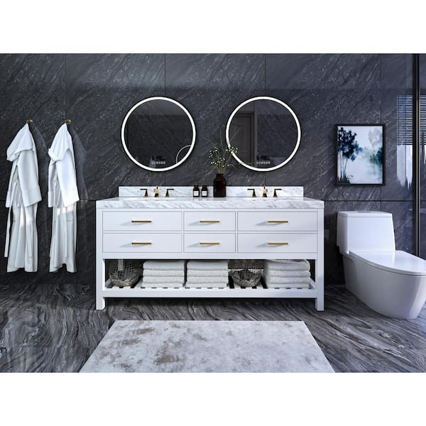 Ancerre Designs Elizabeth 72 in. W x 22 in. D Vanity in White with Marble Vanity Top in Carrara White with White Basins